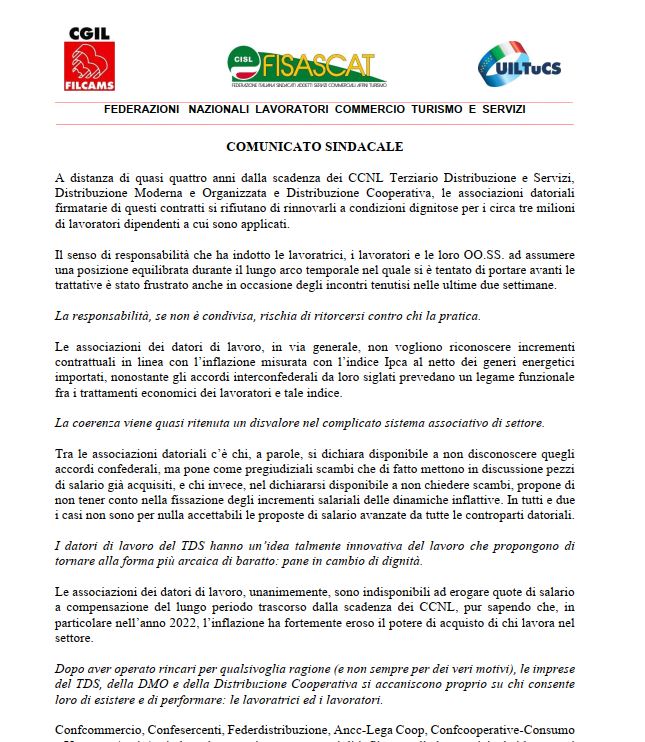 CONTRATTO NAZIONALE TERZIARIO DISTRIBUZIONE E SERVIZI: STATO DI AGITAZIONE 
